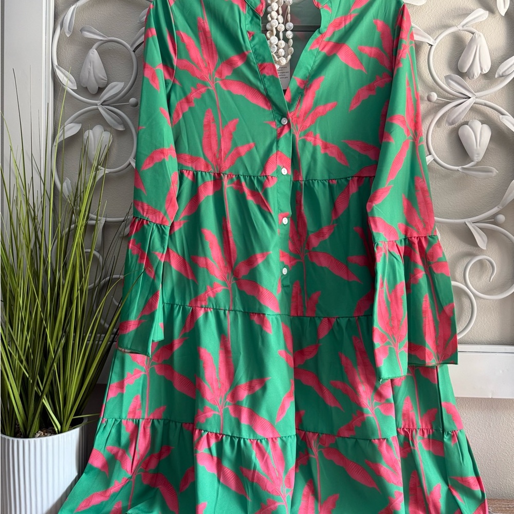 New Tropical Vibrant Green & Pink Smock Dress with Flare Sleeves and Ruffle Hem